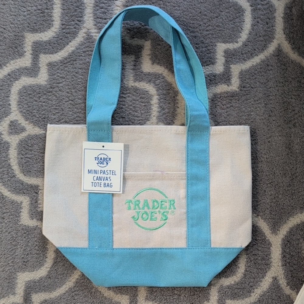 Beige Canvas Mini Trader Joe's Tote with Light Blue Trim